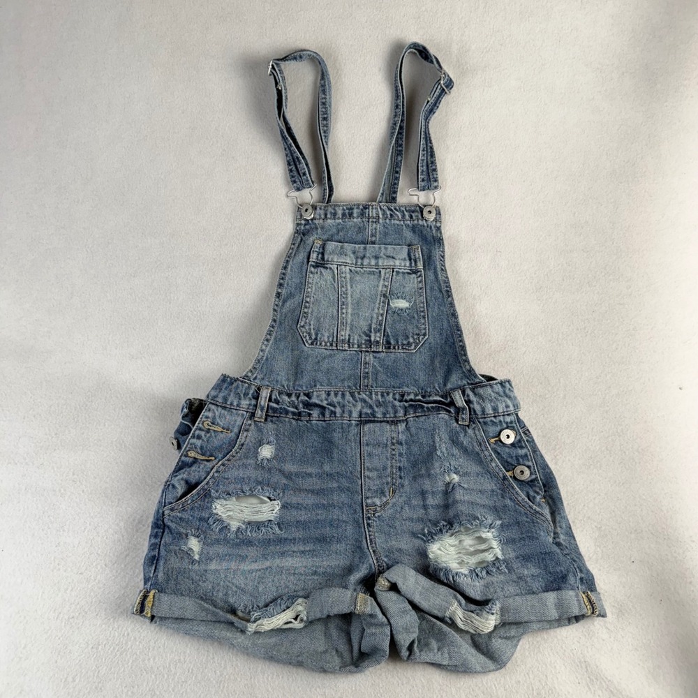Vanilla Star Premium Womens juniors 28 Distressed Denim Shortalls Blue Size S